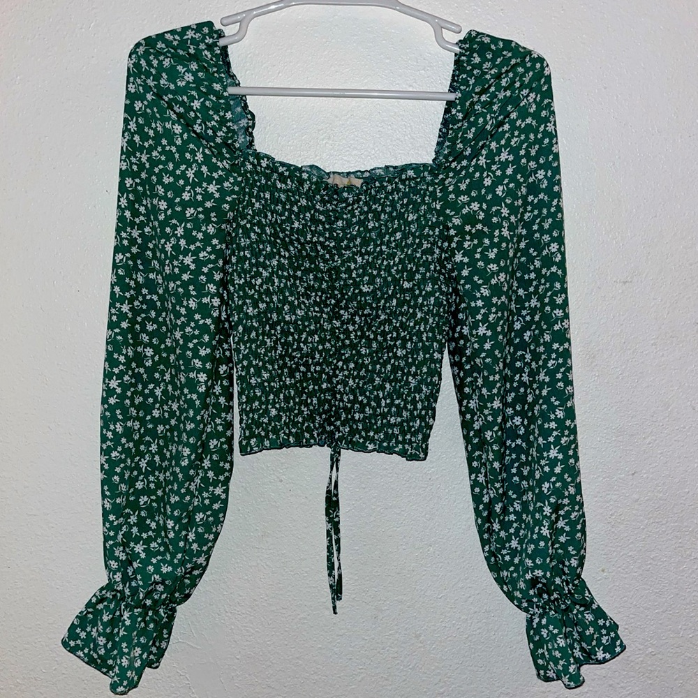 White and Green floral long sleeve Blouse